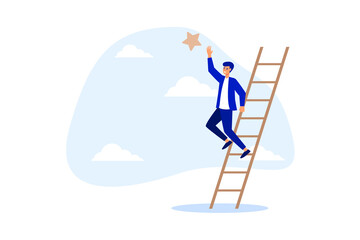 Fototapeta na wymiar Business opportunity, ladder of success or aspiration to achieve business goal concept, ambitious businessman climbing ladder to the the top and reaching for the shining star.