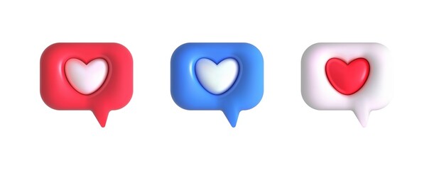 3d like heart icon speech bubble. Social media icons different shapes .Message love box,follow, button, like favorite element . Vector realistic illustration