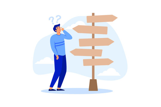 Business Decision Making, Career Path, Work Direction Or Choose The Right Way To Success Concept, Confusing Businessman Looking At Multiple Road Sign With Question Mark And Thinking Which Way To Go.