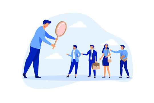 Searching the best candidate or job, Human resources, head hunt, choosing talent for job vacancy or company recruitment concept, employer boss or HR use magnifying glass to choose job interview people