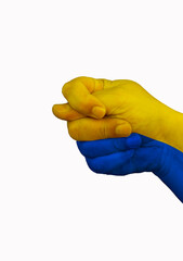 A man's hand, painted in the colors of the Ukrainian flag, does not give a fig to the war! on a...