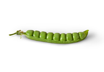 A side view of a fresh green pea pod open and isolated against a white background.