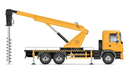 Digger derrick truck vector illustration view from side isolated on white background. Construction vehicle mockup. All elements in the groups for easy editing and recolor