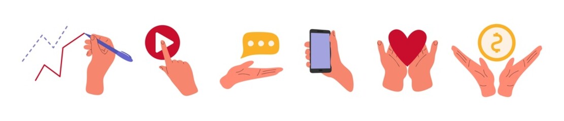 Media icons set, business, hand draw graph, social media promotion, profit and charity. Isolated drawings of human hands with a phone.