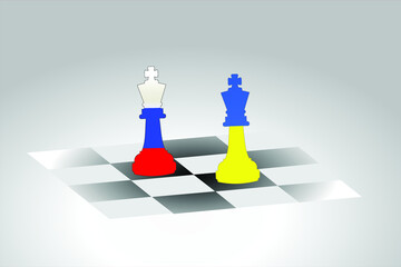 King Chess with color of Russia and Ukraine flag on chess board symbolic war of both country.