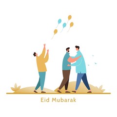 Eid al-Fitr greeting card. Happy muslim community give gifts, charity and congratulate each other.