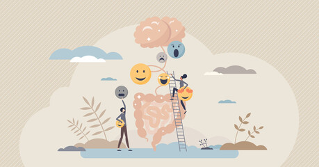 Mind gut connection and digestive interaction to mood tiny person concept. Gastrointestinal wellness interaction with brain vector illustration. Healthy gut flora impact on feeling and organ wellness.