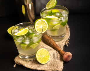 Typical Brazilian cocktail called Caipirinha, Traditional alcoholic drink from Brazil made with fruits and cachaça.