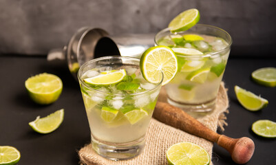 Brazilian Caipirinha. Traditional brazil drink in dark Background