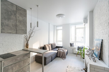 Stylish designed studio apartment with kitchen open to living room and bedroom. - obrazy, fototapety, plakaty