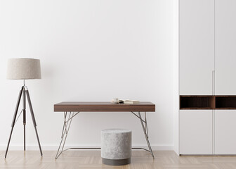 Empty white wall in modern room. Mock up interior in contemporary style. Free space, copy space for your picture, poster. Desk, wardrobe, lamp. 3D rendering.