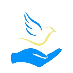 Naklejka premium dove of peace - pray for Ukraine. yellow-blue flag of Ukraine. dove of peace in the palm of your hand - say stop to genocide and war