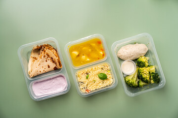 Weight loss diet balanced with fresh organic meal by delivery service of containers with healthy food, daily lunch box ready menu plan concept. Flat lay top view.