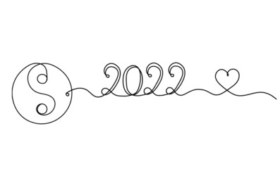 Sign of yin and yang  with 2022 year as line drawing on white background. Vector