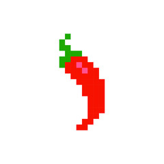 Pixelated style illustration of a chilli red pepper. Pixel art of a chili pepper in 8 bit. 8-bit sprite. Design stickers, logo, mobile app. Paprika. Jalapeno. Spicy. Cayenne. 