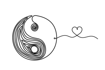 Sign of yin and yang  with heart as line drawing on white background - obrazy, fototapety, plakaty