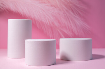 Minimal layout with a podium for product demonstration. Abstract white background of geometric...