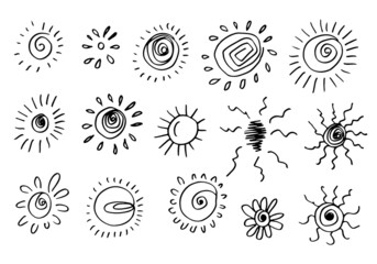 Funny vector doodle suns. Hand drawn set isolated on white background.