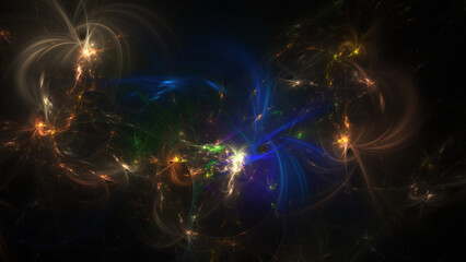 Abstract colorful golden and blue fiery shapes. Fantasy light background. Digital fractal art. 3d rendering.