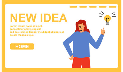 Landing page for a website, the concept of a new idea. The girl raised her finger up, a new idea. Vector illustration