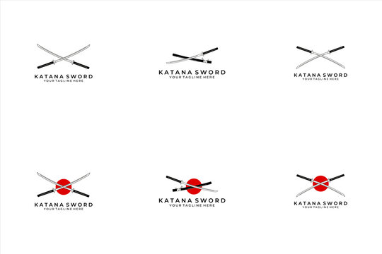 set katana sword logo design vector illustration art samurai traditional ninja culture japanese fighter battle war asian