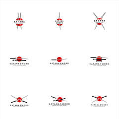 set katana sword logo design vector line illustration art samurai traditional ninja culture japanese fighter battle war asian