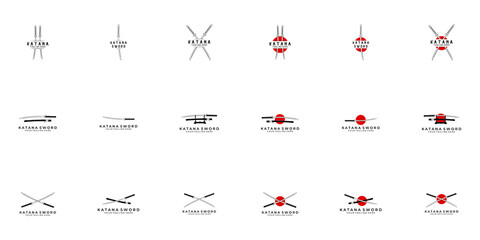 set katana sword logo design vector line illustration art samurai traditional ninja culture japanese fighter battle war asian © fanfun
