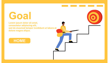 Landing page for a website, the concept of achieving goals. A man climbs up the stairs. Vector illustration