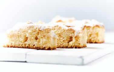 Simple yeast cake on bright background. Close up. 