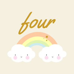 Birthday Party, Greeting Card, Party Invitation. Kids illustration with Cute Rainbow with Clouds and an inscription four. Vector illustration in cartoon style.