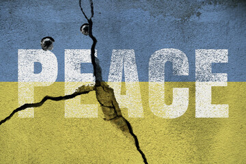 peace text written on concrete wall with the ukrainian flag painted with cracks and bulletholes. to...