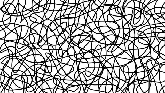 Messy, complex, tangled, full screen wire knot with black, white, and green chromakey background in hand-drawn, doodle style low frame rate animation.