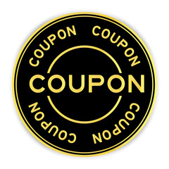 Black and gold color sticker with word coupon on white background
