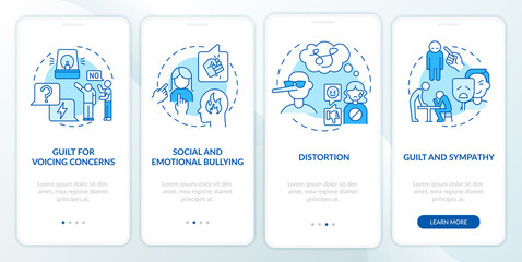 Fototapeta premium Emotional manipulation tactics blue onboarding mobile app screen. Walkthrough 4 steps graphic instructions pages with linear concepts. UI, UX, GUI template. Myriad Pro-Bold, Regular fonts used