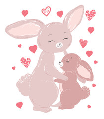 Cute bunnies mom and baby hug each other Vector illustration