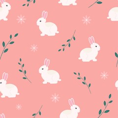 Seamless pattern white rabbit and green on pink bg