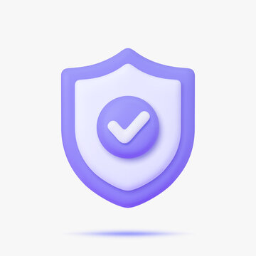 Shield with "ok" icon 3d vector icon. Isolated on white.