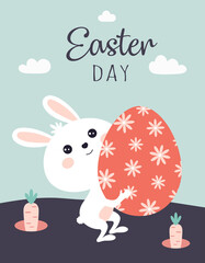 Obraz na płótnie Canvas happy easter card of cartoon bunny with egg