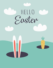 happy easter card with cartoon ears rabbit and carrot