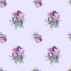 Fototapeta na wymiar Seamless watercolor floral pattern - elements of purple rosemary flowers on on a purple background. Suitable for wrappers, wallpapers, postcards, greeting cards, wedding invitations, events, packages.