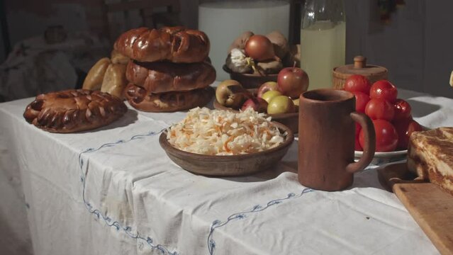 A traditional feast for celebrating any holiday. Footage of folk dishes of the Slavic people. Tasty. Appetizing. Healthy food with lots of vitamins