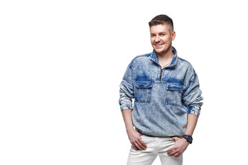 handsome young man in Jean jacket on white background