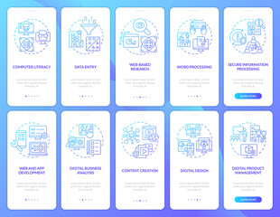 Digital skills, literacy blue gradient onboarding mobile app screen set. Walkthrough 5 steps graphic instructions pages with linear concepts. UI, UX, GUI template. Myriad Pro-Bold, Regular fonts used
