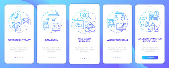 Basic digital skills blue gradient onboarding mobile app screen. Walkthrough 5 steps graphic instructions pages with linear concepts. UI, UX, GUI template. Myriad Pro-Bold, Regular fonts used