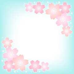 パステルカラーの桜の花と水色の正方形の背景画像/右上左下装飾
