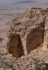 Aerial view of the Ramon Crater below as seen from the summit of Mount Ardon Ramon Crater, Negev Desert, Southern Israel, Israel.	