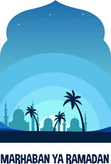 ramadan poster in mosque door with blue color theme