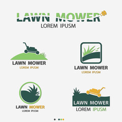 Lawn Mower And Green Grass Logo Set - Vector