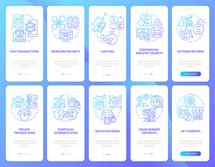 Benefits of owning crypto blue gradient onboarding mobile app screen set. Walkthrough 5 steps graphic instructions pages with linear concepts. UI, UX, GUI template. Myriad Pro-Bold, Regular fonts used