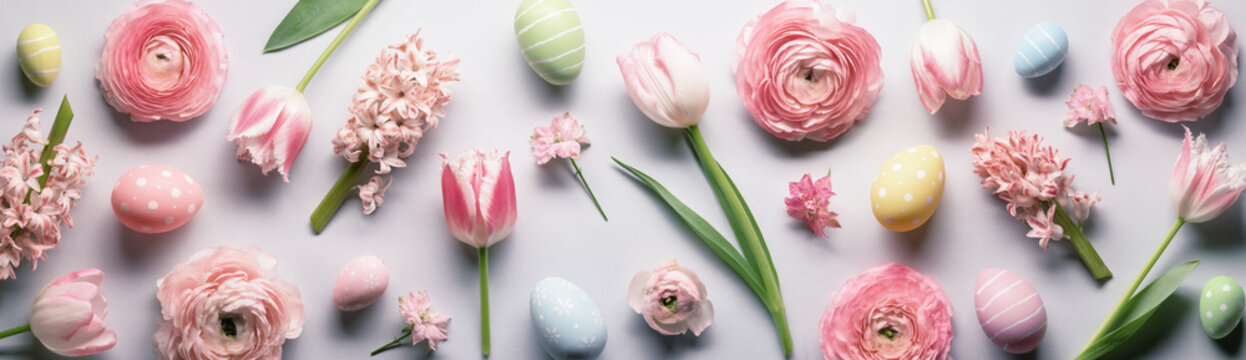 Spring flowers and easter eggs flatlay